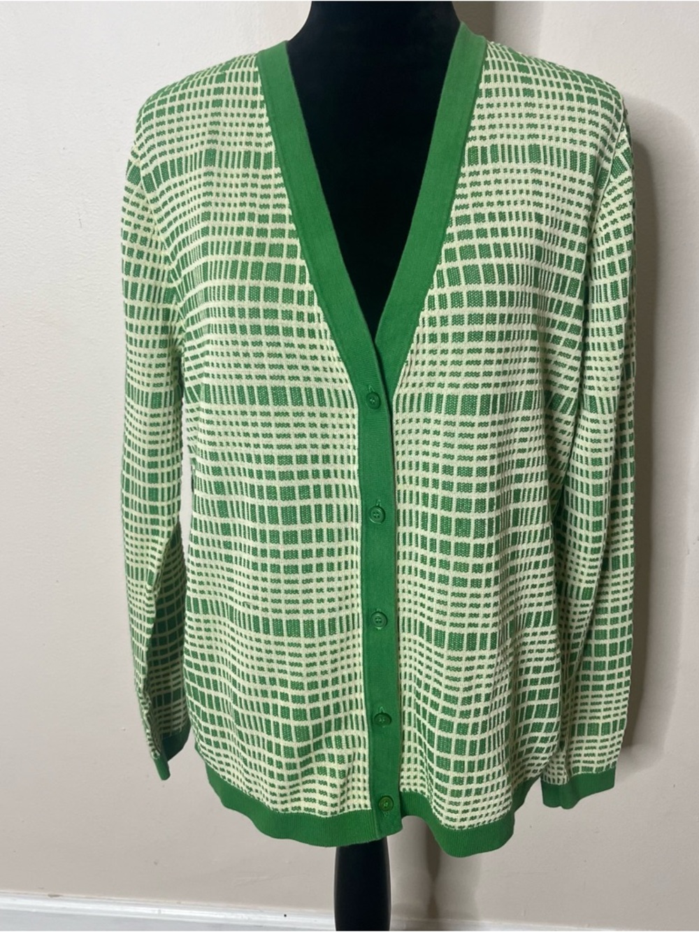 COS Green White Check V~Neck Button Up Knit Cardigan Sweater Women's Sz M